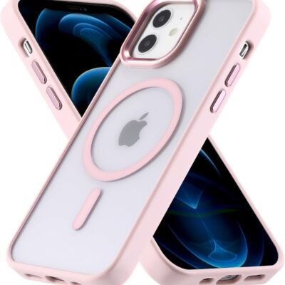 Rožinis dėklas Apple Iphone 12 su apsauga kameros moduliui ir apvalia MagSafe jungtimi