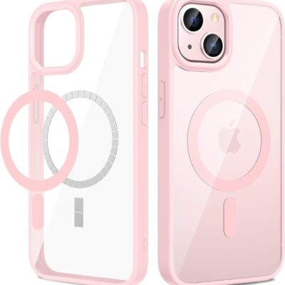 Rožinis dėklas Apple Iphone 14 Premium Mag Cover su skaidriu pagrindu ir apsauginiu rėmeliu