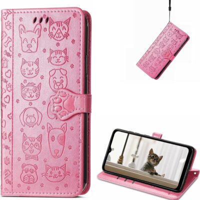 Rožinis dėklas Samsung A145 A14 4G A146 A14 5G Cat-Dog su išraižytais katės ir šuns veidais