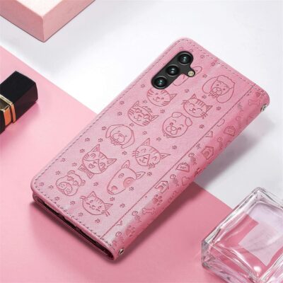 Rožinis dėklas Samsung A245 A24 4G su iškilu kačių ir šunų veidukų raštais