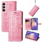 Rožinis dėklas Samsung A566 A56 5G Cat-Dog su gyvūnų paveikslėliais ir kortelių lizdais
