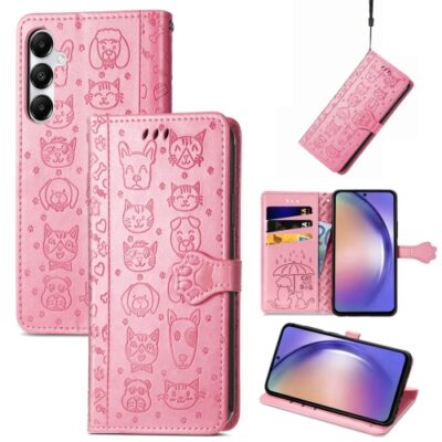 Rožinis dėklas Samsung A566 A56 5G Cat-Dog su gyvūnų paveikslėliais ir kortelių lizdais