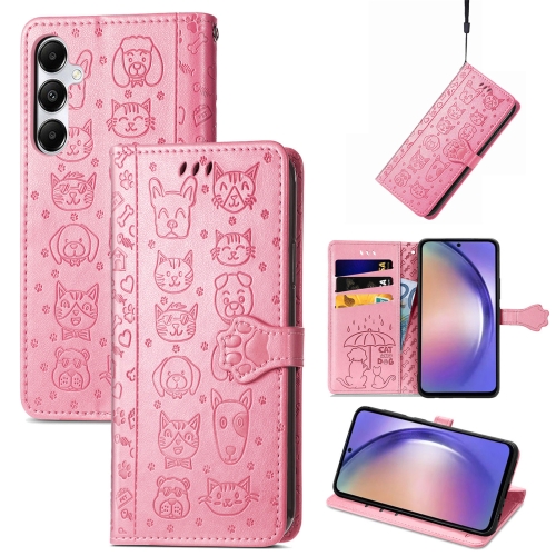 Rožinis dėklas Samsung A566 A56 5G Cat-Dog Rožinis dėklas Samsung A566 A56 5G Cat-Dog su gyvūnų paveikslėliais ir kortelių lizdais