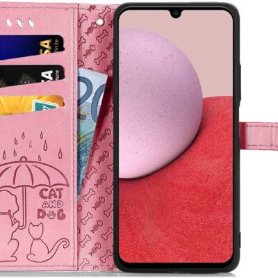 Rožinis dėklas Samsung Galaxy A346 A34 5G su katino ir šuns piešiniu ant odinio viršelio