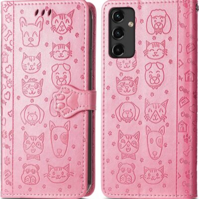Rožinis dėklas Samsung Galaxy A346 A34 5G su įspaustais katės ir šuns veidais