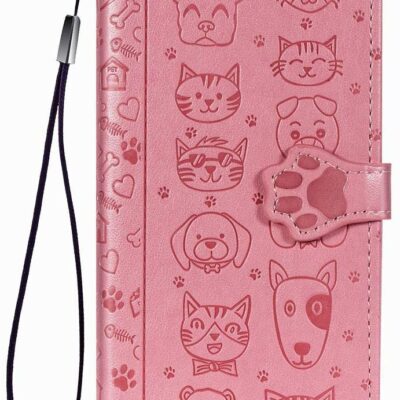 Rožinis dėklas Samsung Galaxy A515 A51 Cat-Dog su gyvūnų galvų ir letenėlių raštais