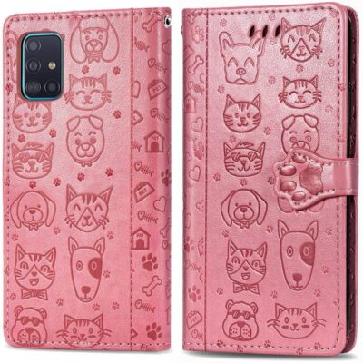Rožinis dėklas Samsung Galaxy A515 A51 su išraiškingais katės ir šuns veidais
