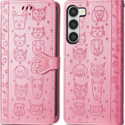 Rožinis dėklas Samsung Galaxy A546 A54 5G su katės ir šuns piešiniais