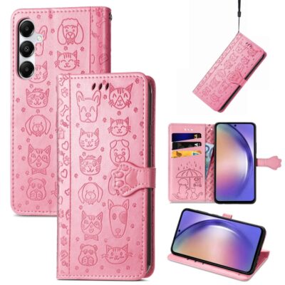 Rožinis dėklas Samsung Galaxy A556 A55 5G Cat-Dog su gyvūnų įspaustais motyvais