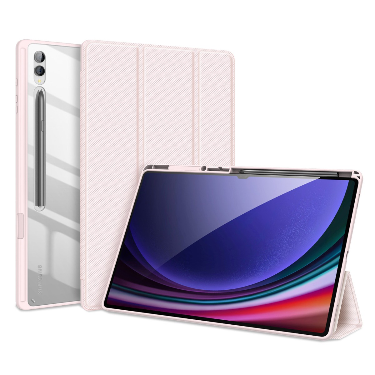 Rožinis dėklas Samsung X916 Tab S9 Ultra Dux Ducis Toby Rožinis dėklas Samsung X916 Tab S9 Ultra „Dux Ducis Toby“ tabletui, matomas atidarytas ir uždarytas dėklo dizainas