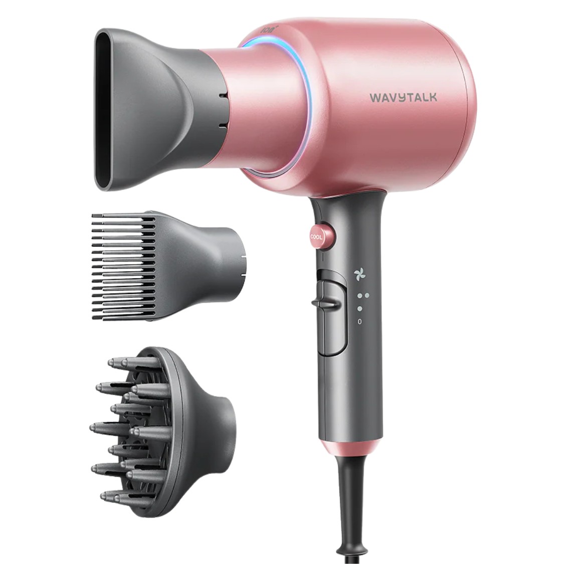Rožinis plaukų džiovintuvas Wavytalk Blown Away Rožinis plaukų džiovintuvas Wavytalk Blown Away su trim priedais pilkos spalvos