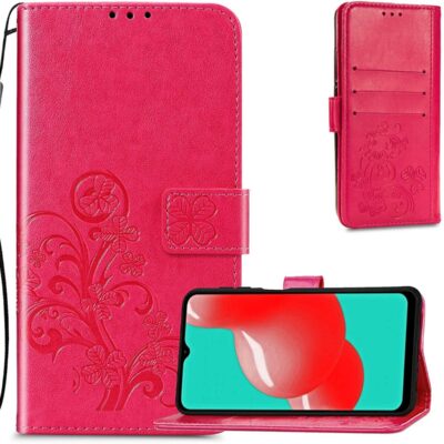 Rozinis-raudonas deklas Samsung Galaxy A556 A55 5G Flower Book su iskiliais geliu ir korteliu lizdais