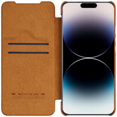 Rudas atverčiamas dėklas Apple Iphone 14 Pro Max Nillkin Qin Pro su dviem vidinėmis kortelių kišenėmis