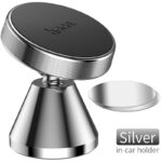 Sidabrinis automobilinis Universalus telefono laikiklis Hoco CA46 su metaliniu sidabriniu pagrindu ir juodu magnetiniu paviršiumi
