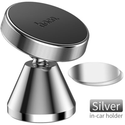 Sidabrinis automobilinis Universalus telefono laikiklis Hoco CA46 su metaliniu sidabriniu pagrindu ir juodu magnetiniu paviršiumi