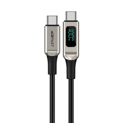 Sidabrinis USB kabelis Acefast C6-03 100W USB-C to USB-C su juoda pynimo izoliacija ir digitaliniu ekranu