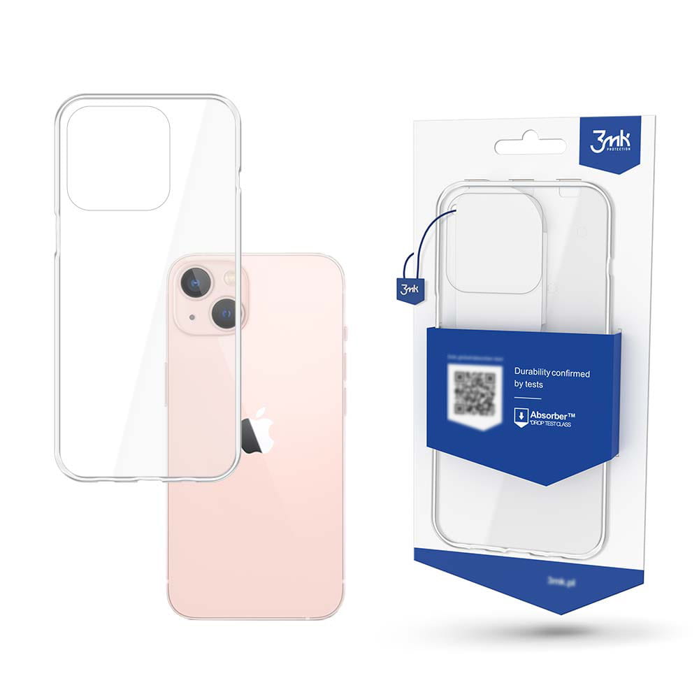 Skaidrus dėklas Apple iPhone 14 3MK 1,2mm Skaidrus dėklas Apple iPhone 14 3MK 1,2mm, matomas permatomas telefono dėklas šalia rožinio iPhone 14 ir nuotraukoje dėklas su pakuote