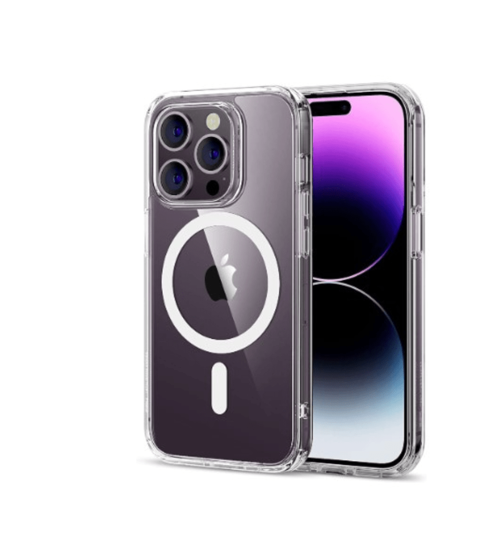 Skaidrus dėklas Apple Iphone 14 Pro Max Dėklas Devia Pure Clear MagSafe Skaidrus dėklas Apple Iphone 14 Pro Max Dėklas Devia Pure Clear MagSafe aplink telefoną su matomu MagSafe žiedu