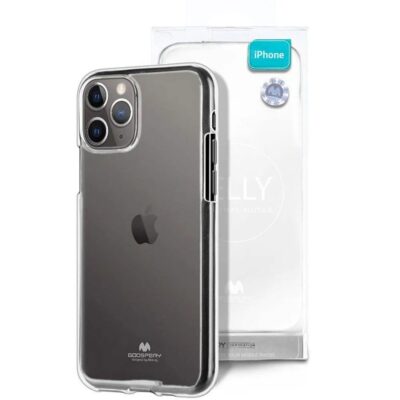 Skaidrus dėklas Apple iPhone 14 Pro Mercury Clear aplink telefoną su aiškia pakuote fone