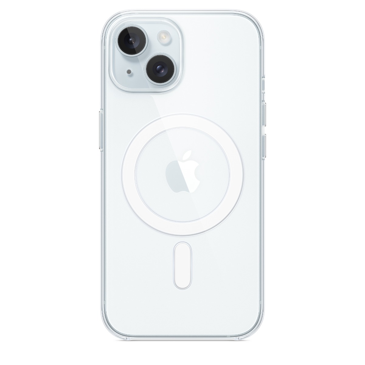 Skaidrus dėklas Apple iPhone 15 Plus MagSafe Clear 1,5mm Skaidrus dėklas Apple iPhone 15 Plus MagSafe Clear 1,5mm su matomu Apple logotipu ir dviguba kamera