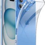 Skaidrus dėklas Apple iPhone 16 X-level Antislip su mėlynu telefonu