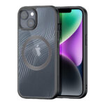 Skaidrus dėklas Dux Ducis Aimo Mag telefonui Apple iPhone 15 su juodu rėmu ir fluorescuojančia spirale ant nugarėlės