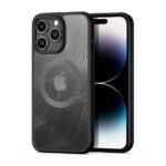Skaidrus dėklas Dux Ducis Aimo Mag telefonui Apple iPhone 15 Pro Max su juodu rėmeliu ir raštu