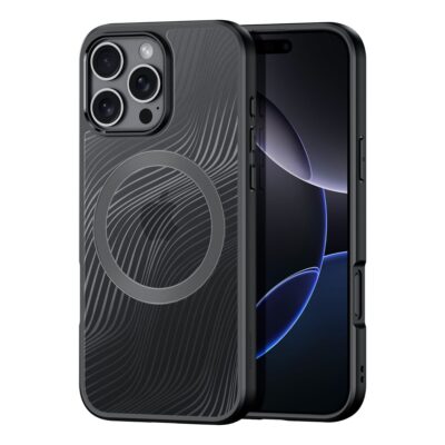 Skaidrus deklas Dux Ducis Aimo Mag telefonui Apple iPhone 16 Pro Max su tamsiai juodu rėmeliu ir linijų raštu gale