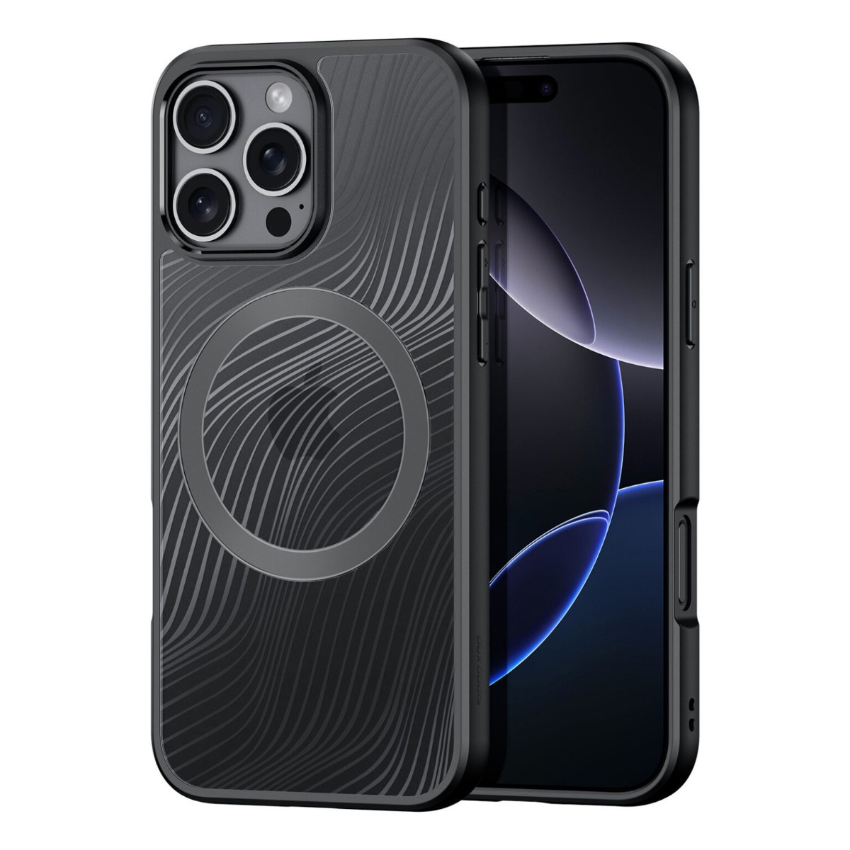 Skaidrus dėklas Dux Ducis Aimo Mag Apple iPhone 16 Pro Max Skaidrus deklas Dux Ducis Aimo Mag telefonui Apple iPhone 16 Pro Max su tamsiai juodu rėmeliu ir linijų raštu gale