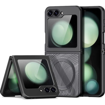 Skaidrus dėklas Dux Ducis Aimo Mag telefonui Samsung F741 Z Flip 6 juodas atvertas ir uždarytas
