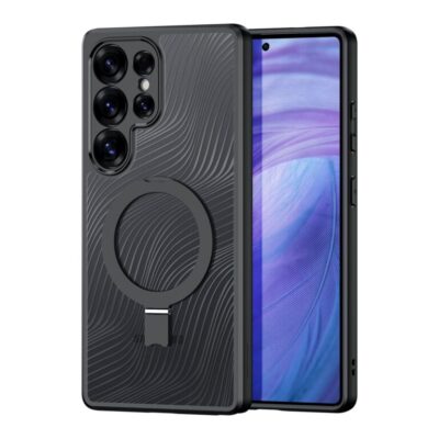 Skaidrus dėklas Dux Ducis Aimo Mag telefonui Samsung S938 S25 Ultra su magnetiniu žiedu ir juodais kontūrais