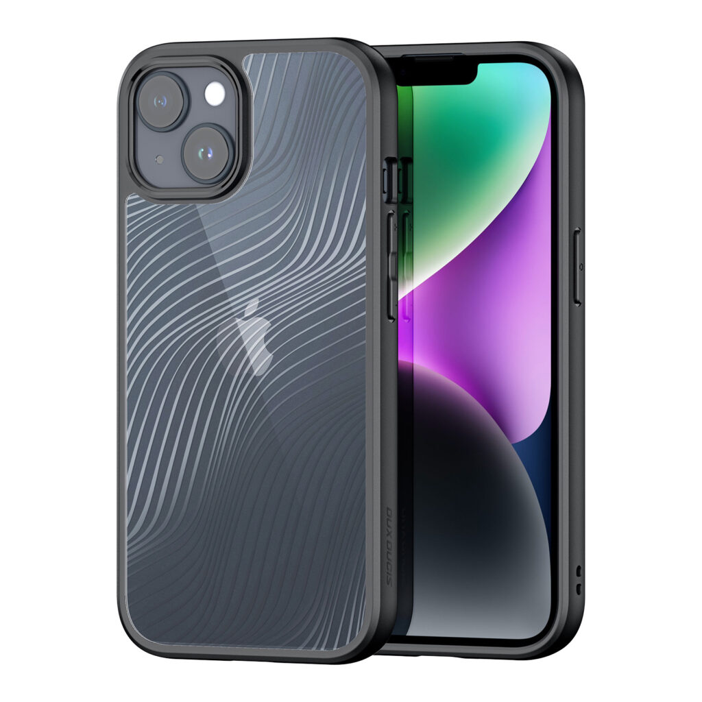 Skaidrus dėklas Dux Ducis Aimo iPhone 15 Plus Skaidrus deklas Dux Ducis Aimo telefonui Apple iPhone 15 Plus su juodu rėmeliu ir linijiniu raštu nugarėlėje
