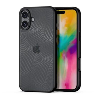 Skaidrus dėklas Dux Ducis Aimo telefonui Apple iPhone 16 Plus su juodu rėmeliu ir išraiškingu specifiniu raštu