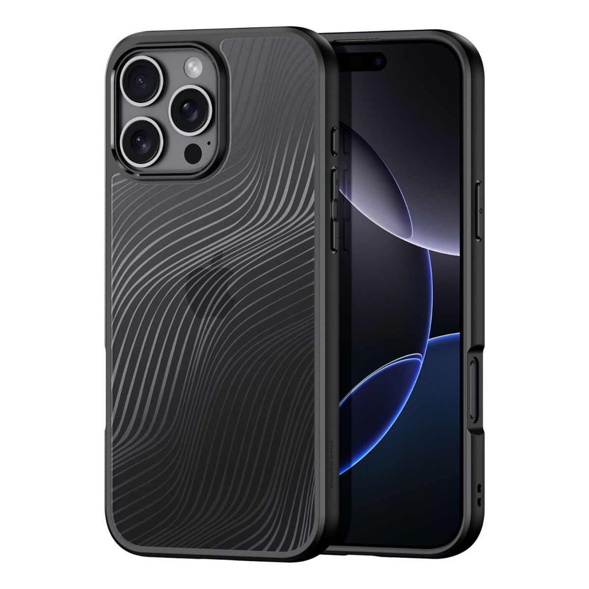 Skaidrus deklas Dux Ducis Aimo telefonui Apple iPhone 16 Pro Skaidrus deklas Dux Ducis Aimo telefonui Apple iPhone 16 Pro su juoda rėmo ir bangų raštu
