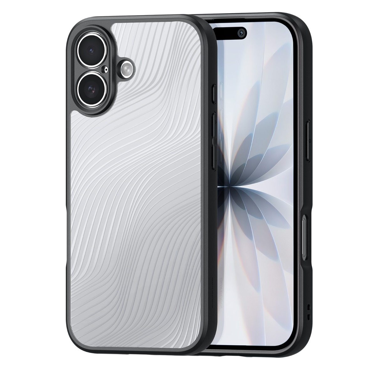 Skaidrus dėklas Dux Ducis Aimo Apple iPhone 17 Skaidrus dėklas Dux Ducis Aimo telefonui Apple iPhone 17 su juodu rėmeliu ir linijiniu tekstūros raštu