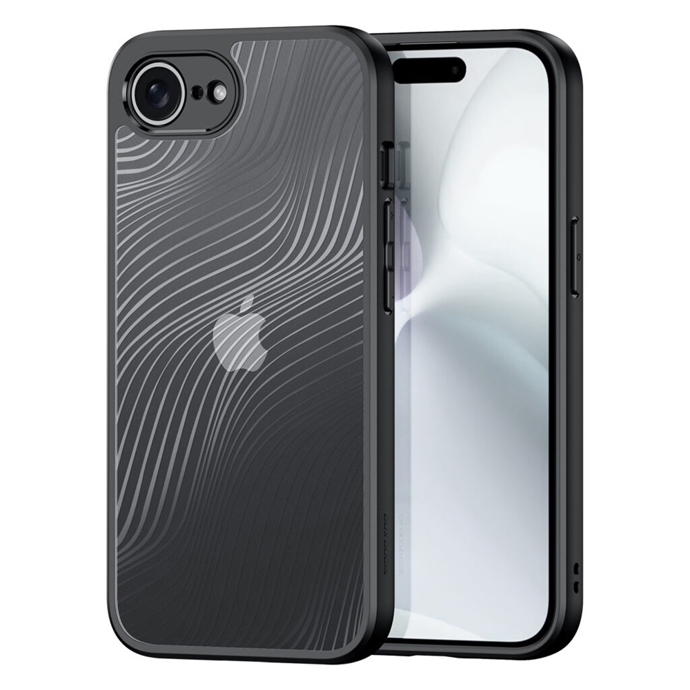 Skaidrus deklas Dux Ducis Aimo Apple iPhone 16E Skaidrus deklas Dux Ducis Aimo telefonui Apple iPhone 16E su juodos spalvos kraštais ir dryžuotu raštu galinėje dalyje