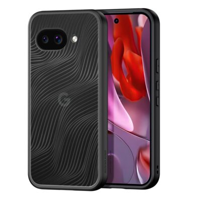 Skaidrus dėklas Dux Ducis Aimo telefonui Google Pixel 9a su juodu rėmeliu ir bangomis nugaroje