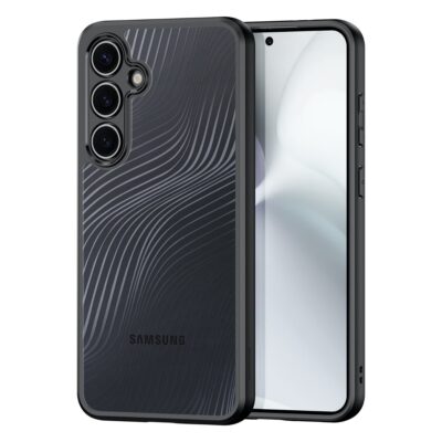 Skaidrus dėklas Dux Ducis Aimo telefonui Samsung S721 S24 FE su juoda kraštine ir raštuota nugarėle