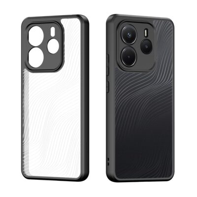 skaidrus deklas dux ducis aimo telefonui xiaomi redmi note 14 4g su juoda ramine ir teksturuota nugara