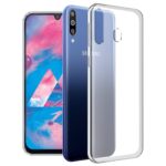 Skaidrus dėklas Samsung Galaxy A20s X-level Antislip priekyje ir gale su kamera mėlyno telefono fonu