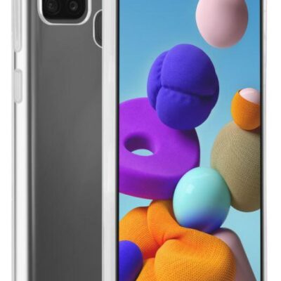Skaidrus dėklas Samsung Galaxy A217 A21s BeHello ThinGel ant telefono su matoma ekrano dalimi ir kameromis