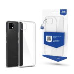 Skaidrus dėklas Samsung Galaxy A226 A22 5G 3MK 1,2mm šalia juodo telefono ir pakuotės