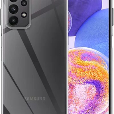 Skaidrus dėklas Samsung Galaxy A235 A23 4G su matomu telefono ekranu ir kameros moduliu