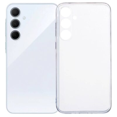 Skaidrus dėklas Samsung Galaxy A356 A35 5G X-level Antislip ant balto telefono su trimis kameromis