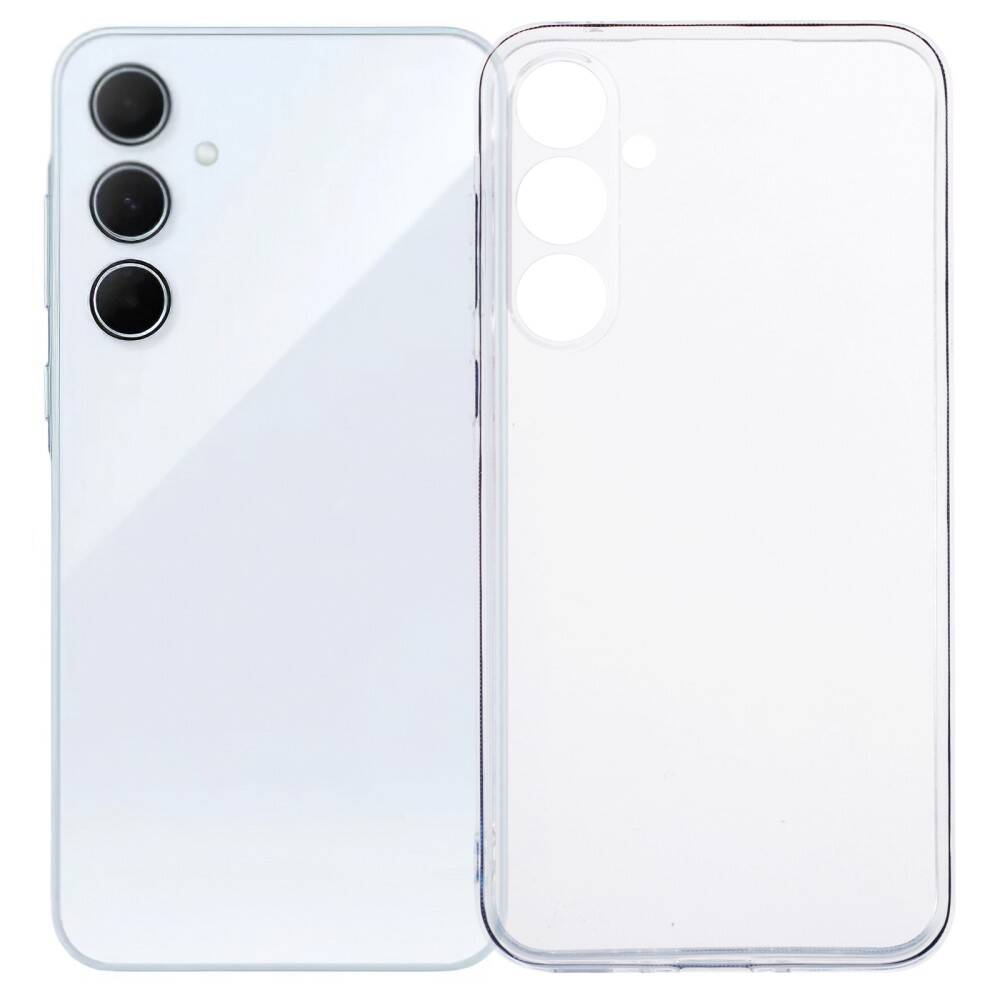 Skaidrus dėklas Samsung Galaxy A356 A35 5G X-level Antislip Skaidrus dėklas Samsung Galaxy A356 A35 5G X-level Antislip ant balto telefono su trimis kameromis
