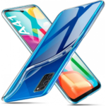 Skaidrus dėklas Samsung Galaxy A41 A415 ant mėlynos spalvos telefono