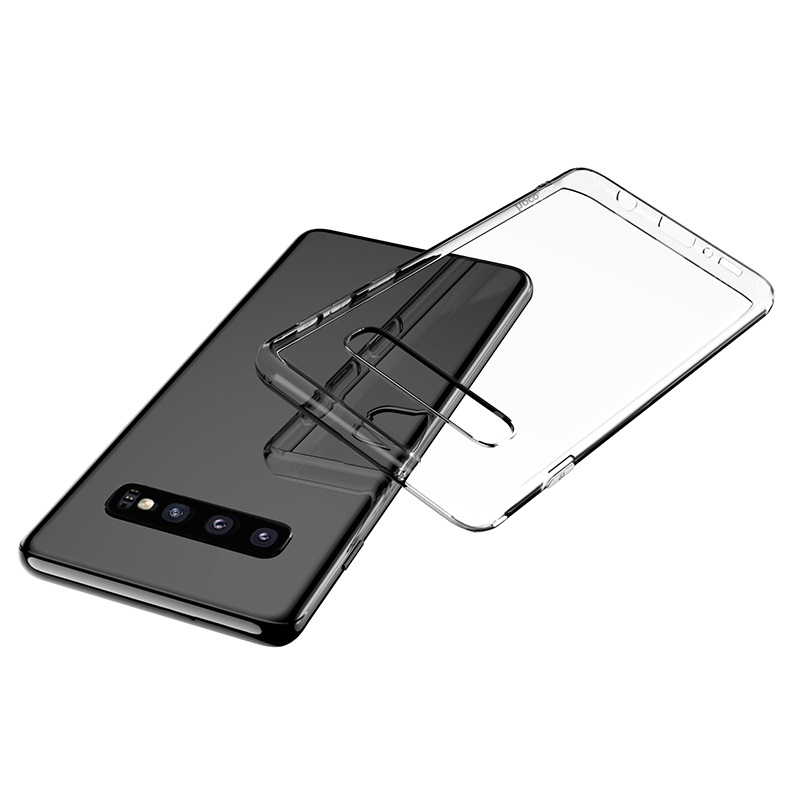 Skaidrus dėklas Samsung Galaxy G975 S10 Plus X-level Antislip Skaidrus dėklas Samsung Galaxy G975 S10 Plus X-level Antislip atgal ir iš priekio šalia telefono