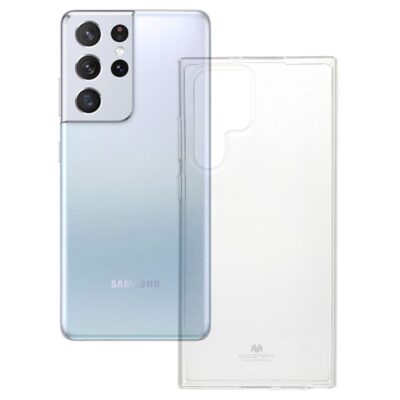 Skaidrus dėklas Samsung Galaxy S22 Ultra Mercury Clear prie šviesiai mėlyno telefono