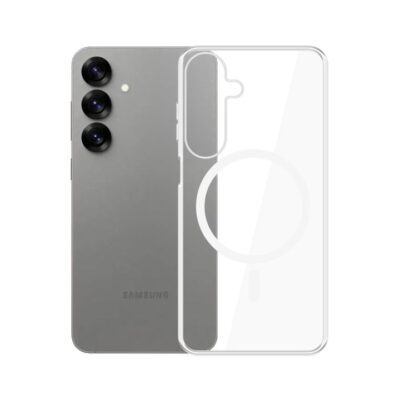 Skaidrus deklas skirtas Samsung S931 S25 MagCase Clear matomas pries selyje pilkas ismanusis telefonas su trimis kameromis