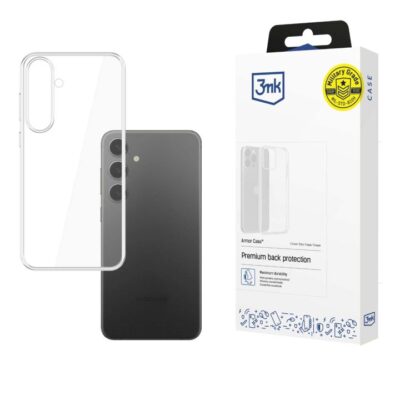 Skaidrus dėklas Samsung S936 S25 Plus 3MK 1,2mm matomas su juoda Samsung telefonu ir pakuote